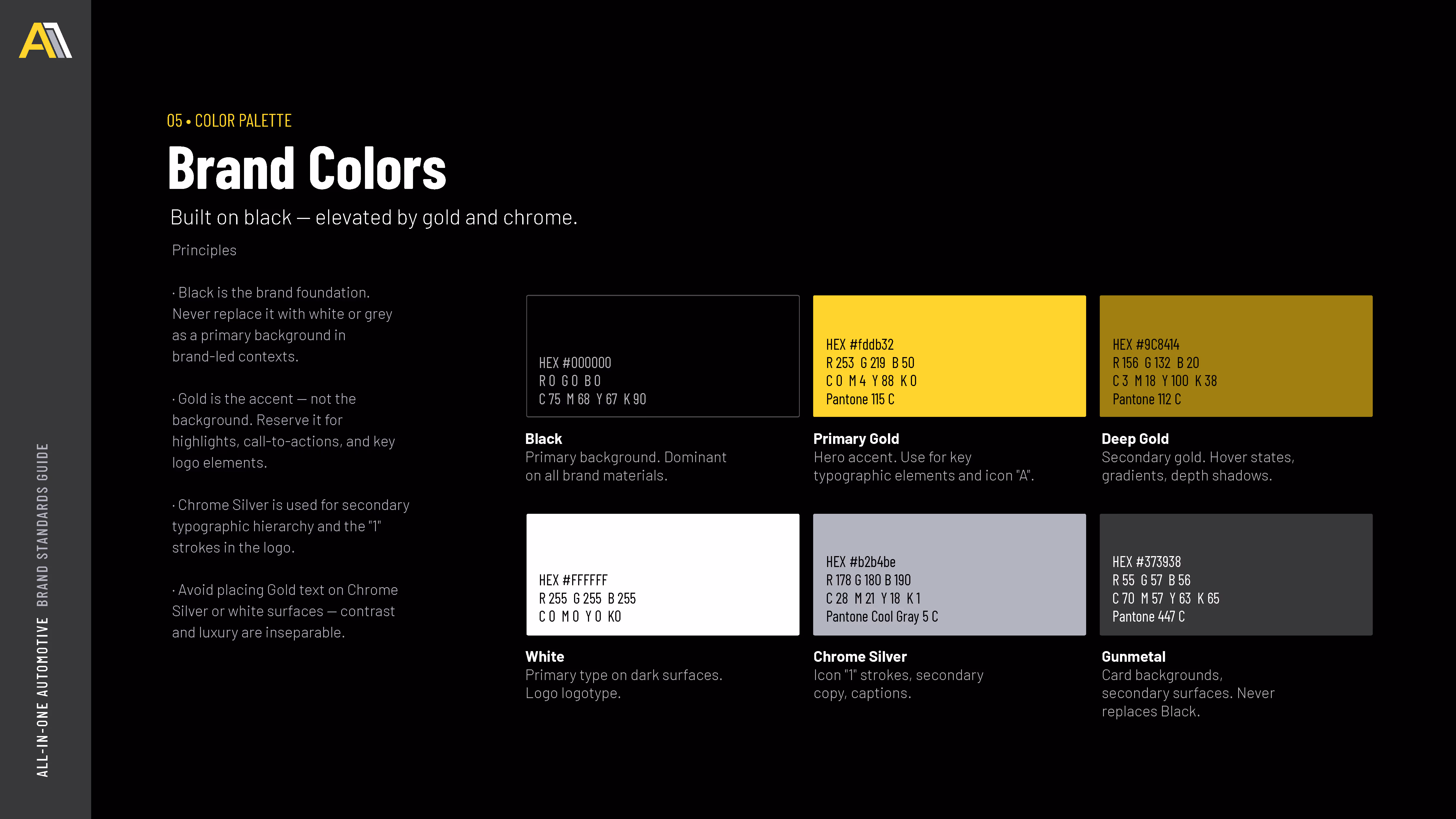 Brand colors palette showing Black, Primary Gold, Deep Gold, White, Chrome Silver, and Gunmetal with usage guidelines.