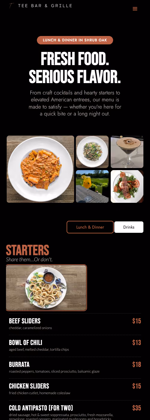 Tee Bar & Grille menu showing starters like beef sliders, chili, burrata, chicken sliders, cold antipasto.