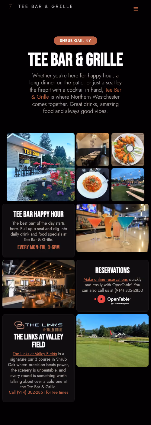 Tee Bar & Grille homepage with images of food, drinks, outdoor seating, golf course, and happy hour info.