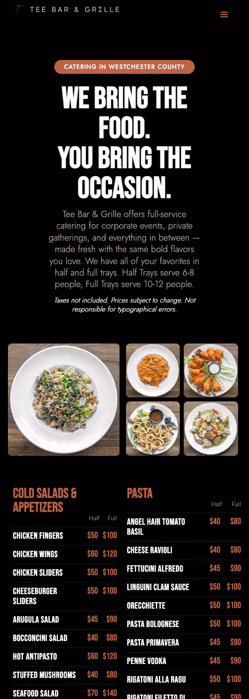 Tee Bar & Grille catering menu with salads, appetizers, pasta dishes, prices, and food photos on black background.