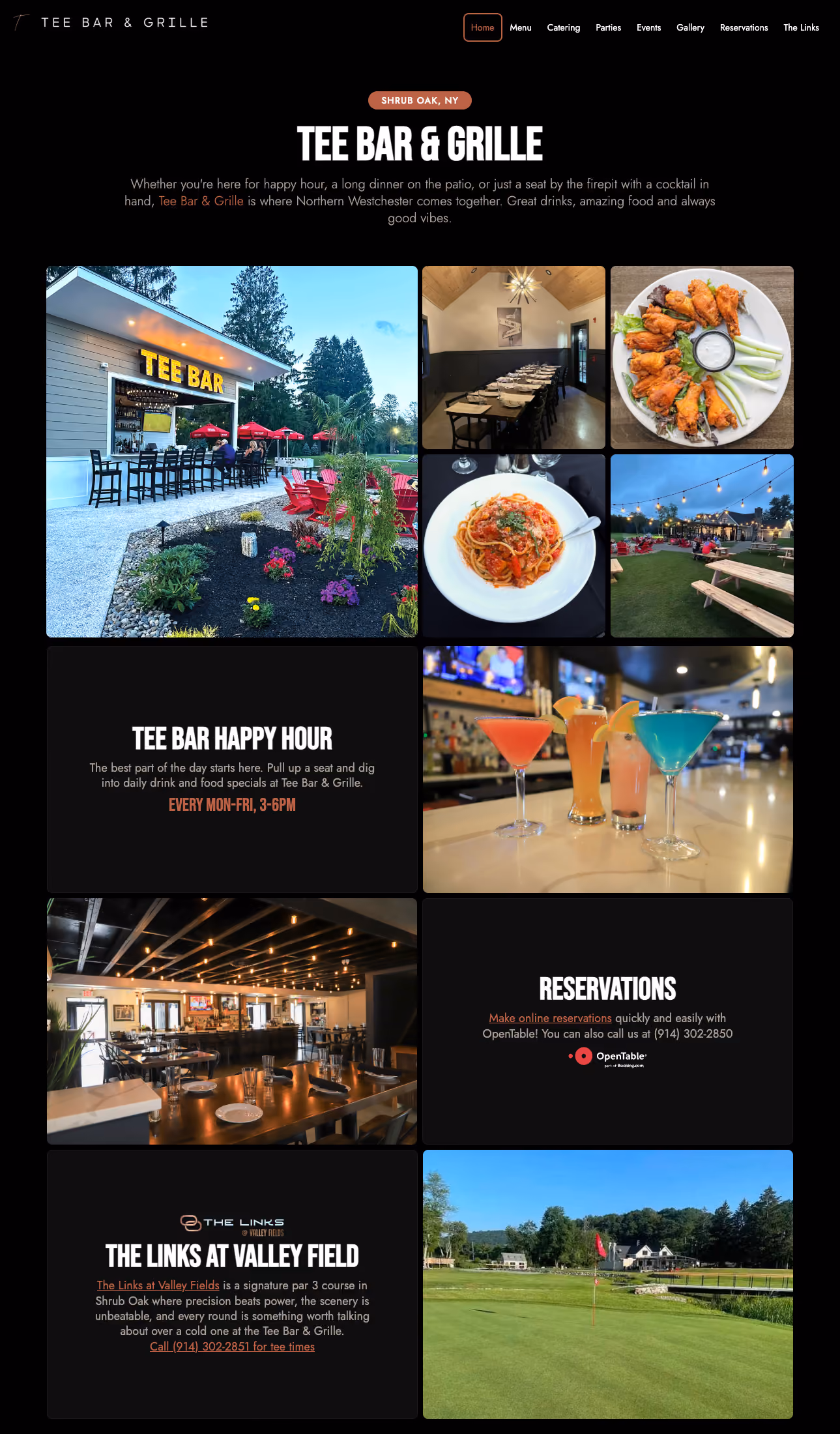 Collage of Tee Bar & Grille with outdoor patio, dining room, food, drinks, golf course, and reservation info.