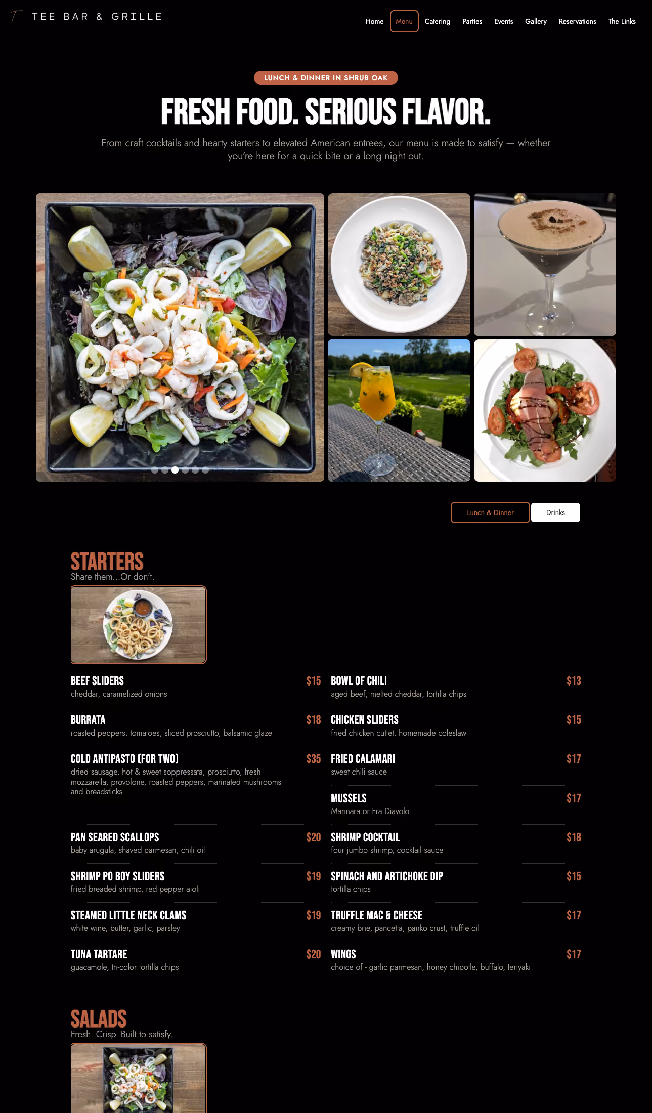 Tee Bar menu with starters and salads, images of dishes and drinks on a black background.