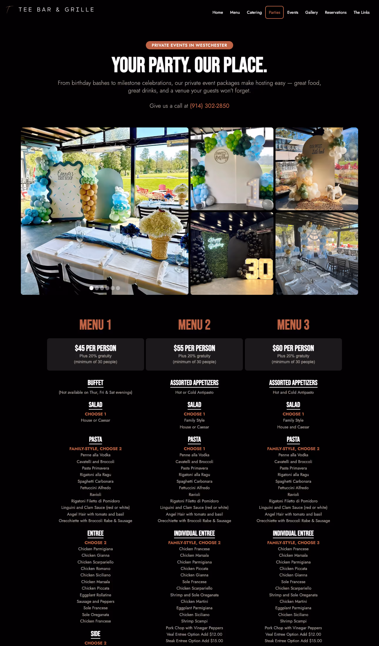 Tee Bar & Grille private events with party photos and three dinner menus listing prices and options.