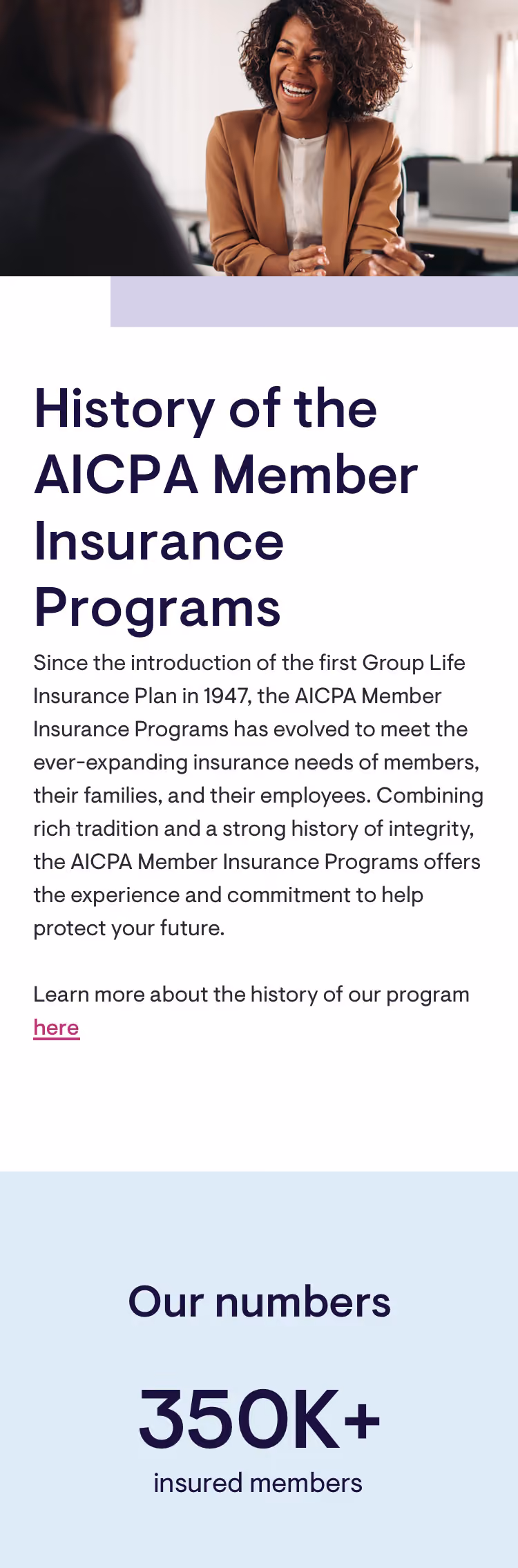 Smiling woman in brown jacket in office above text about AICPA member insurance history and 350K+ insured members.