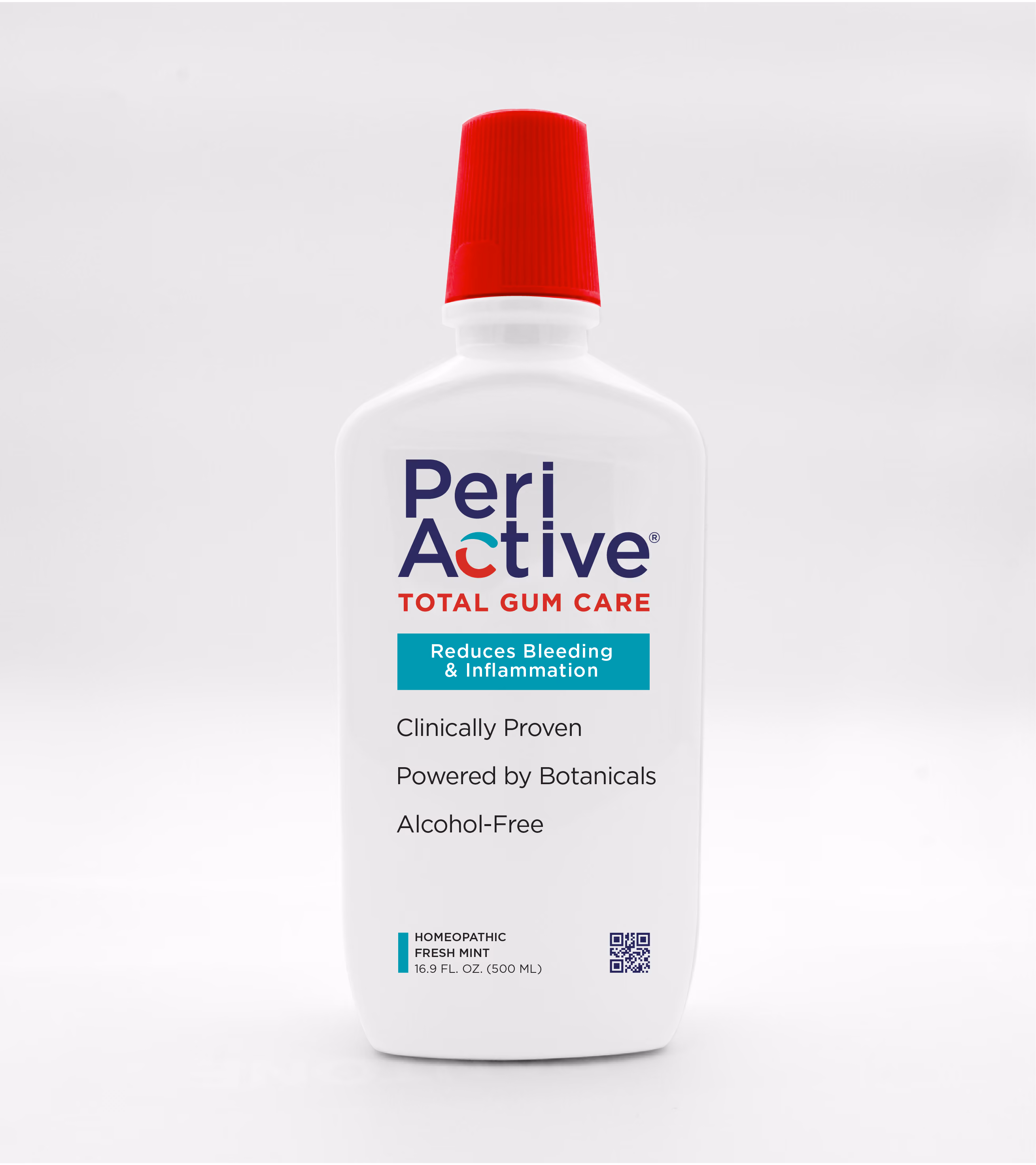 White bottle of Peri Active Total Gum Care with red cap, claims to reduce bleeding and inflammation.
