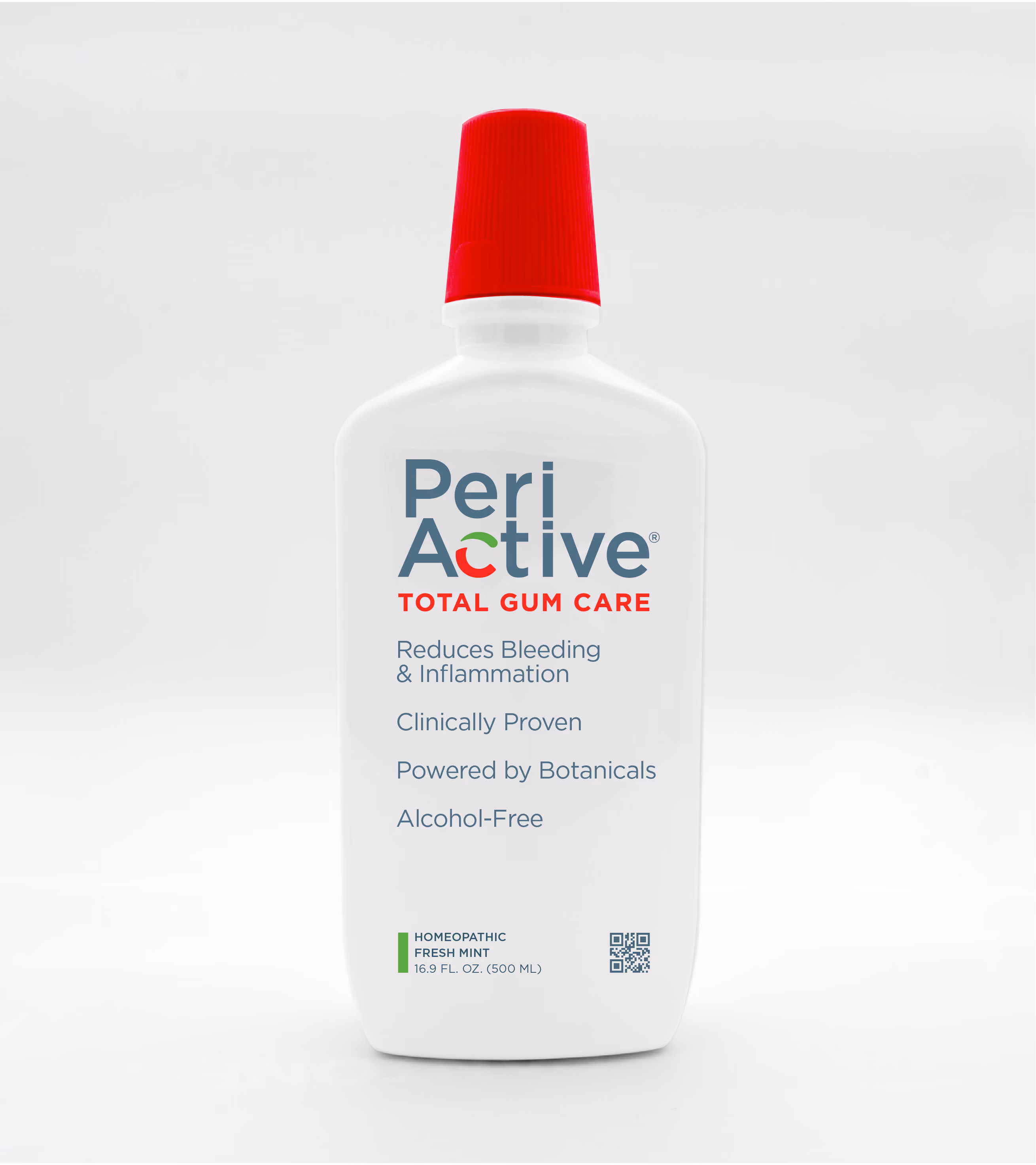 Peri Active Total Gum Care mouthwash bottle with red cap and claims of reducing bleeding and inflammation.