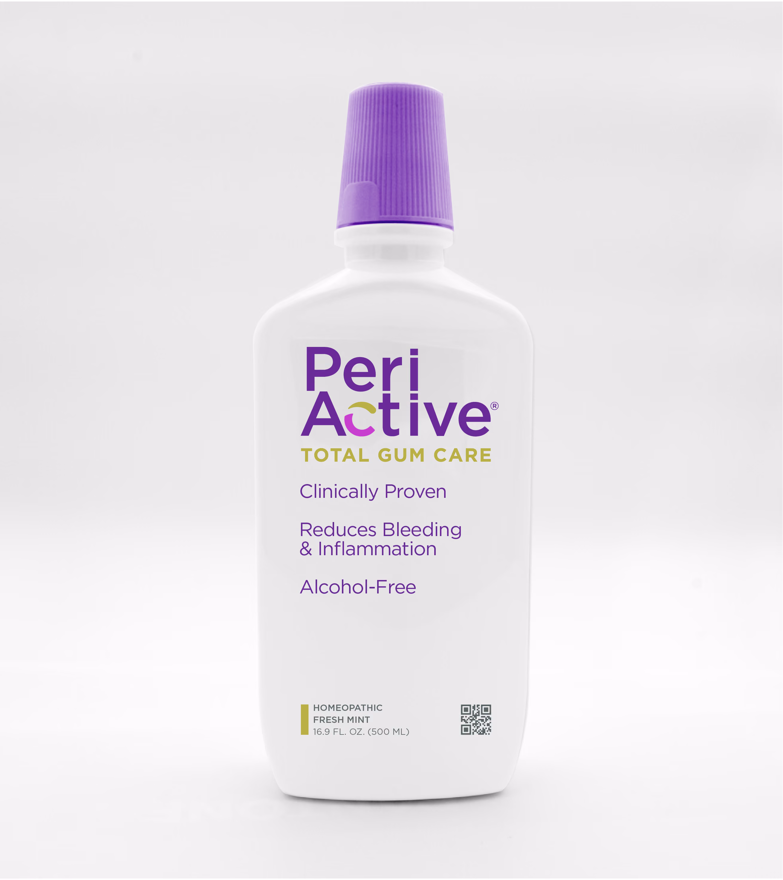 Peri Active Total Gum Care mouthwash bottle with purple cap, reducing bleeding and inflammation.