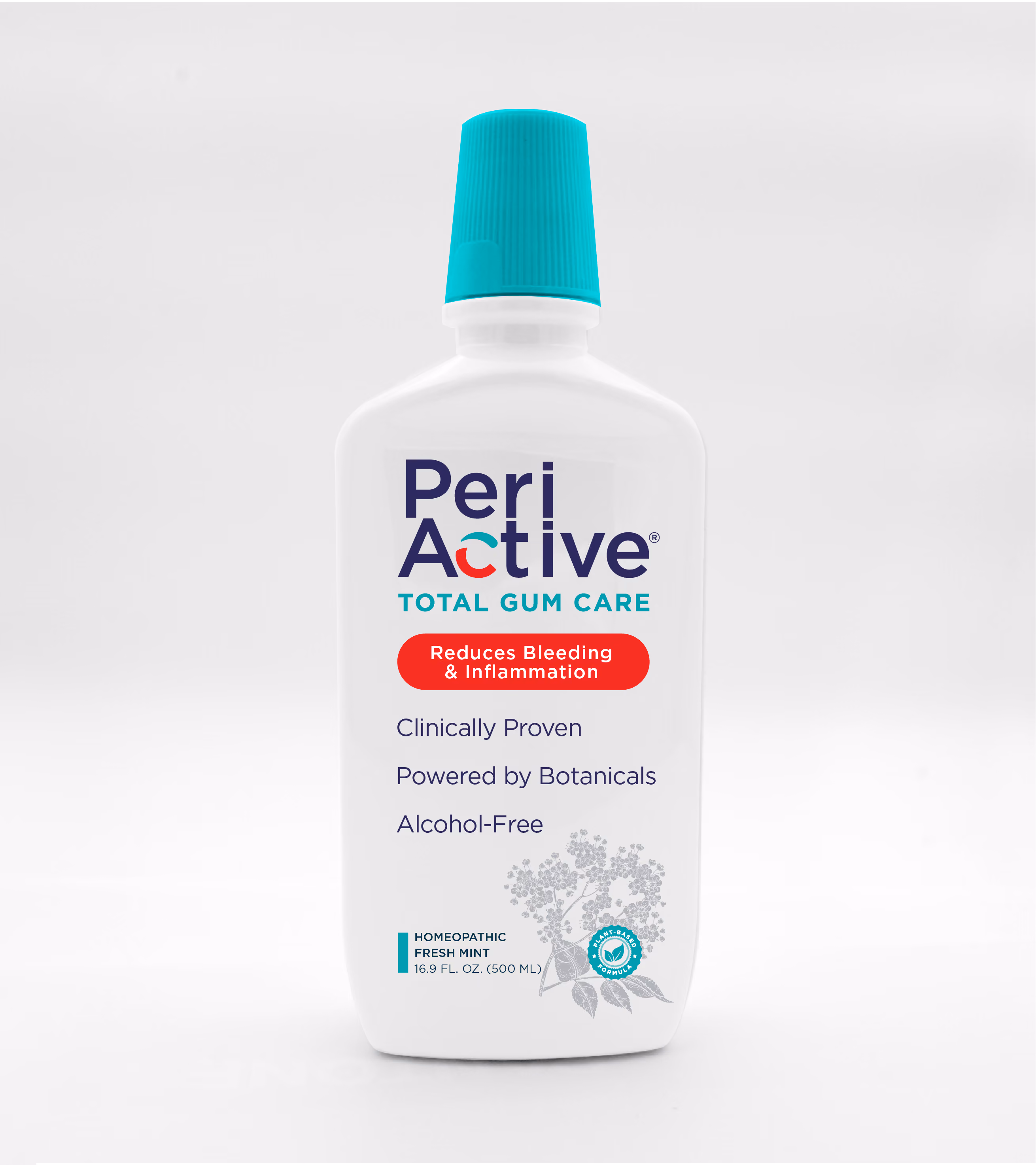 Peri Active total gum care mouthwash bottle with fresh mint, alcohol-free, reduces bleeding and inflammation.