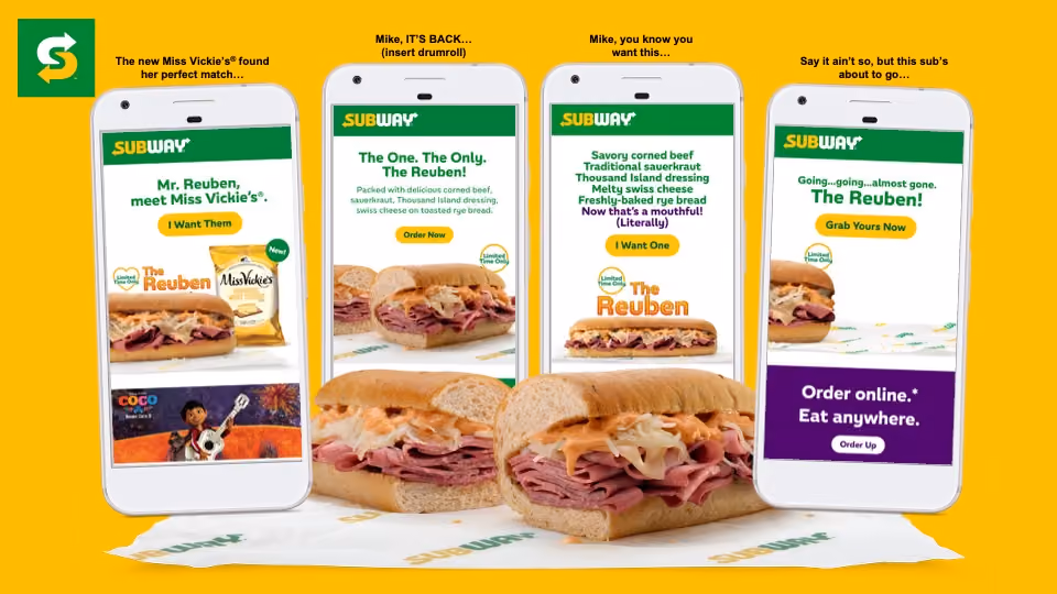 Four phones display Subway Reuben sandwich ads with two Reuben sandwiches on branded paper.