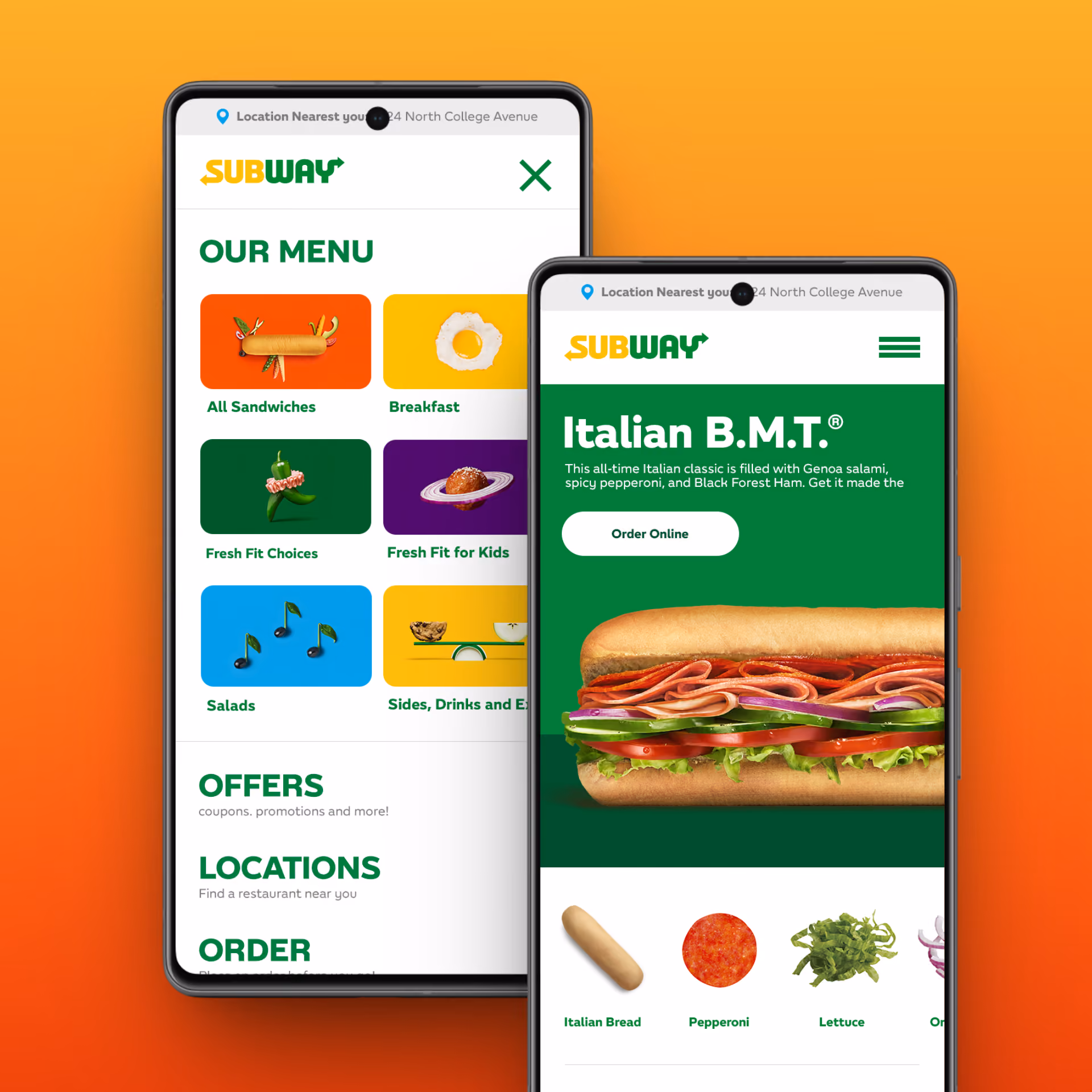 Two phones show Subway menu and an Italian B.M.T. sandwich with ingredients listed for online order.