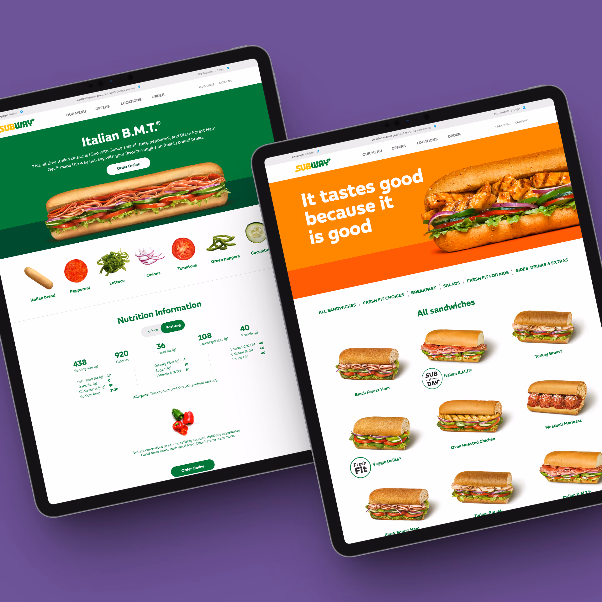 Two tablets showing Subway menu screens featuring Italian B.M.T. sandwich and nutrition info, plus sandwich selections.