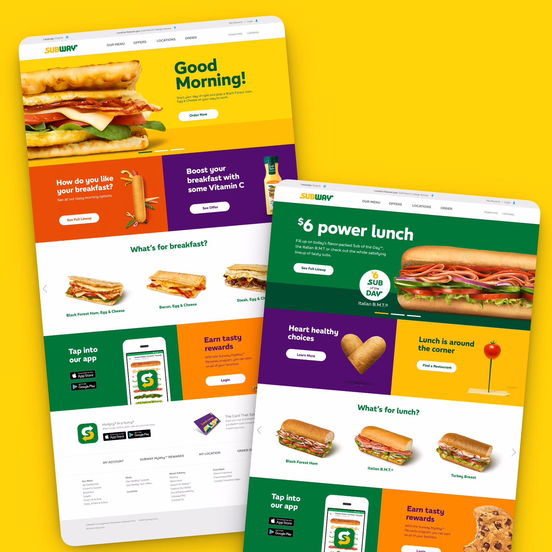 Subway breakfast and lunch menu pages featuring sandwiches, deals, app info, and rewards.