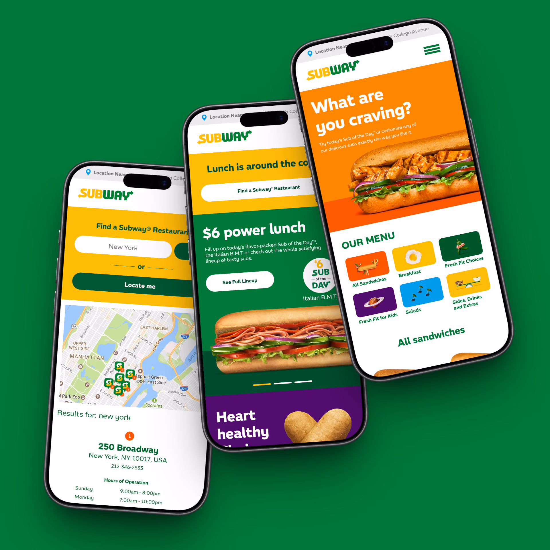 Three phones showing Subway app screens with menu, $6 power lunch, and store locator map.