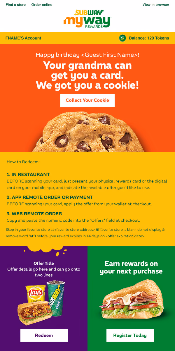 Subway MyWay Rewards birthday offer showing a chocolate chip cookie and subway sandwich with rewards info.