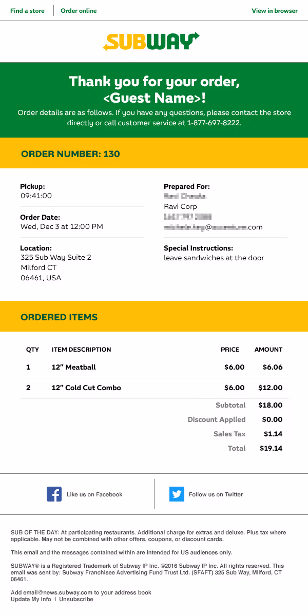 Subway order confirmation showing order number, pickup time, location, items ordered, prices, and total cost.