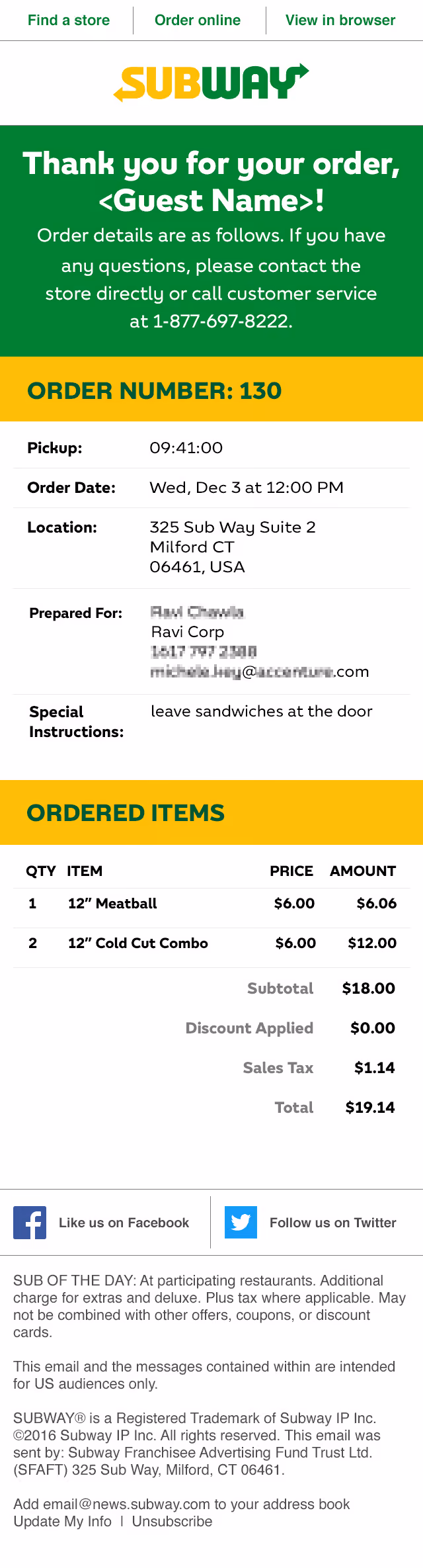 Subway order confirmation showing order number, pickup time, location, items, and total price $19.14.