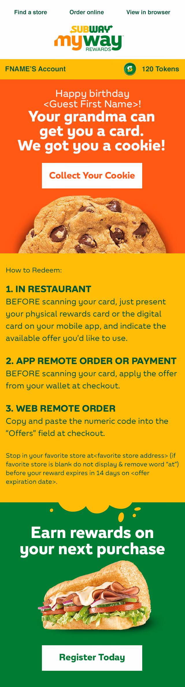Subway MyWay Rewards birthday cookie offer with redemption instructions and a sandwich image.