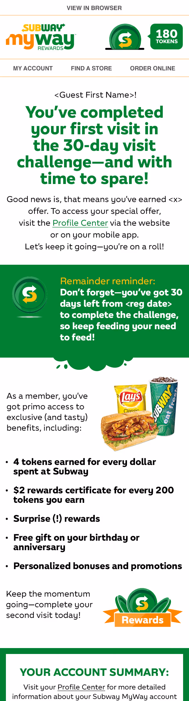 Subway MyWay Rewards message showing earned tokens, benefits, and encouragement to complete a 30-day challenge.