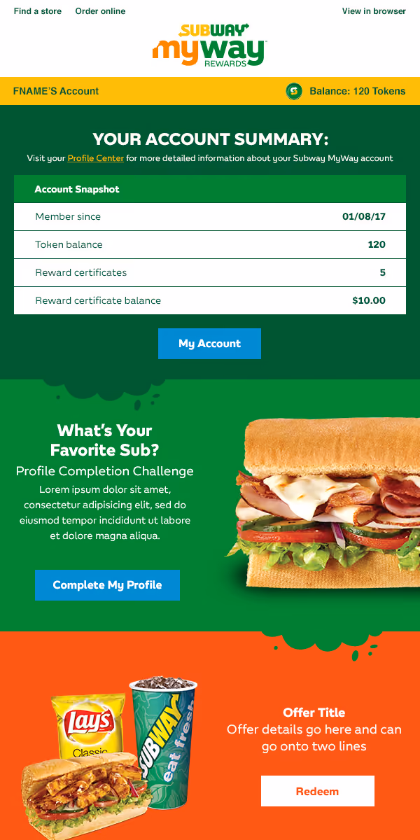 Subway MyWay rewards summary with account details, a sandwich, chips, drink, and a profile completion prompt.