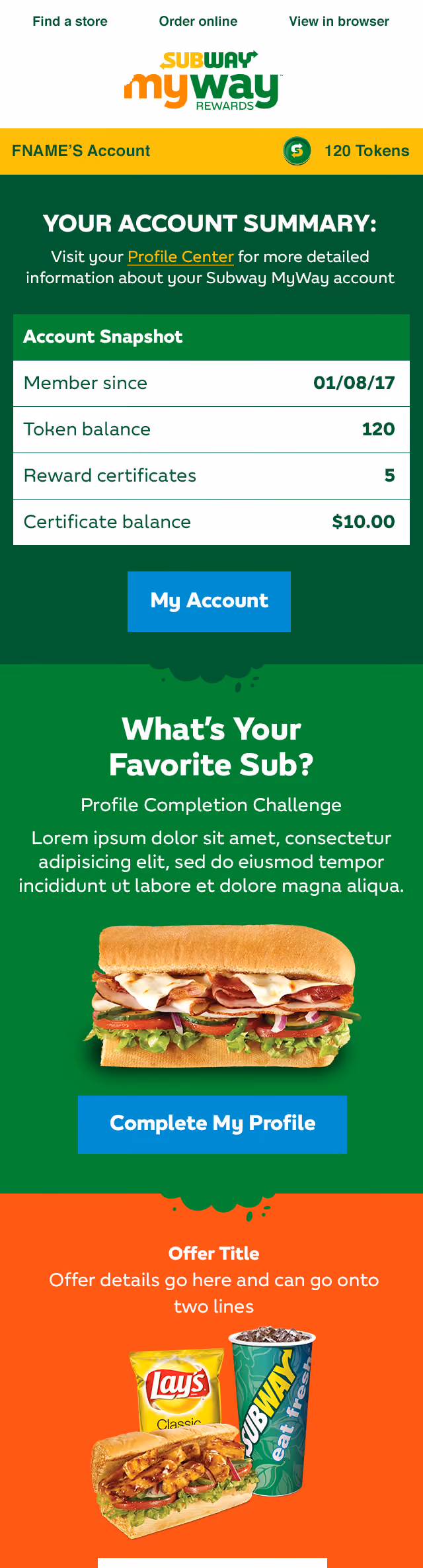 Subway MyWay rewards summary, sub sandwich, chips, drink, and profile completion challenge on colorful backgrounds.