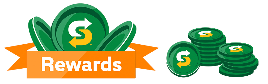 Green Subway tokens behind an orange ribbon reading 'Rewards' and stacked tokens.