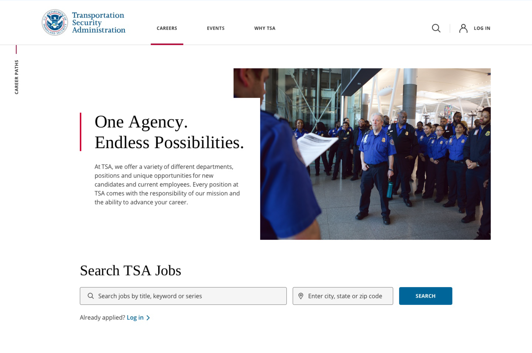 Hero page for a TSA recruitment website