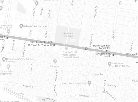 Map showing Tivoli Road/Toorak Road running east-west through a residential area with landmarks including Rockley Gardens, Toorak/South Yarra Library, Hawksburn Tennis Club, and nearby streets labeled.