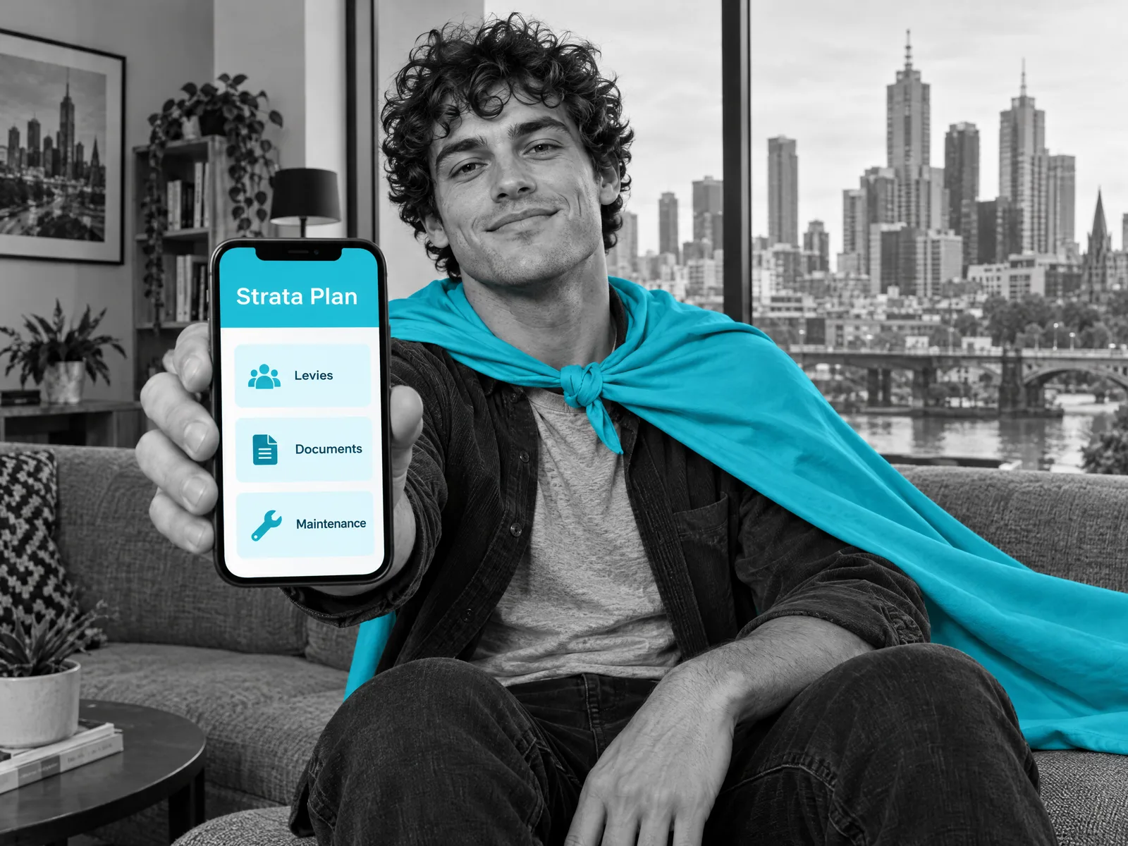 A smiling man in a blue cape holds up a phone showing the Strata Plan app, with levies, documents and maintenance, in a Melbourne apartment.