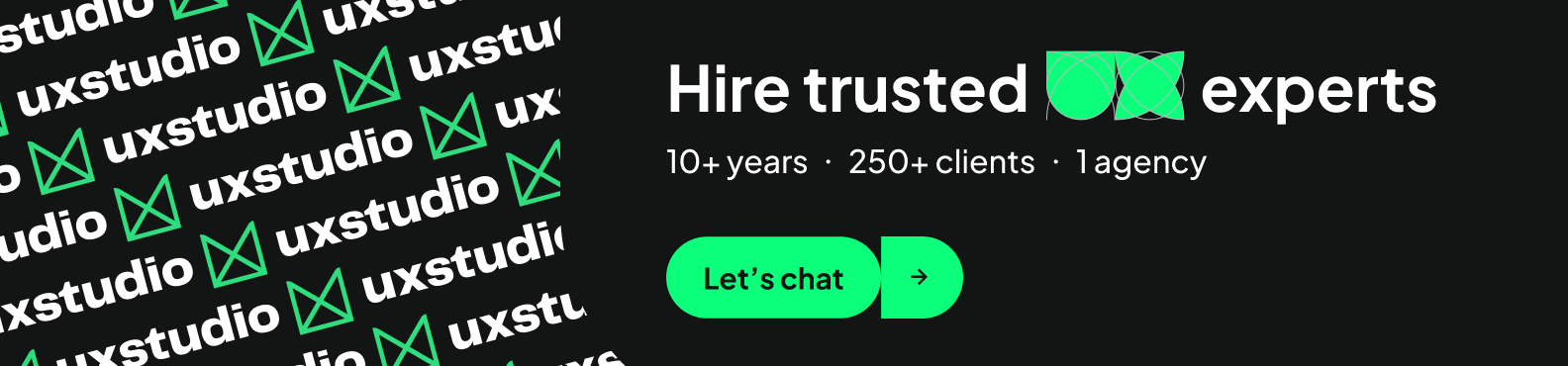 Banner saying "Hire trusted UX experts. 10+ years. 250+ clients. 1 agency. UX studio. Let's chat."