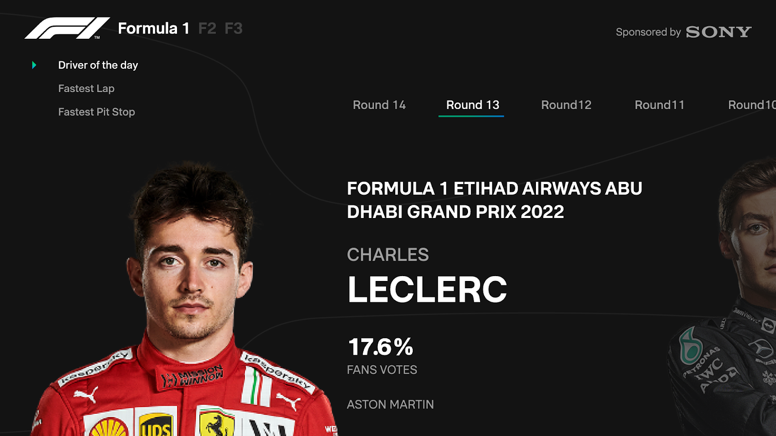 Example screen of the Formula 1 competition from the project we worked on. Key design considerations include: using different text sizes to highlight the key information and create a visual hierarchy, making sure all the text is legible from around 3 meters, and using thick letters that are easy to read from afar.