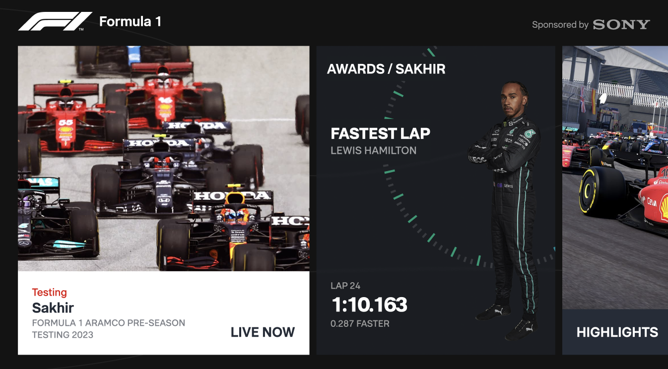 This Formula 1 screen from our project shows how you can present lots of information without overwhelming the viewers. The most important design consideration here is that we organized different pieces of information on individual cards that are arranged according to their relative importance to the viewers.