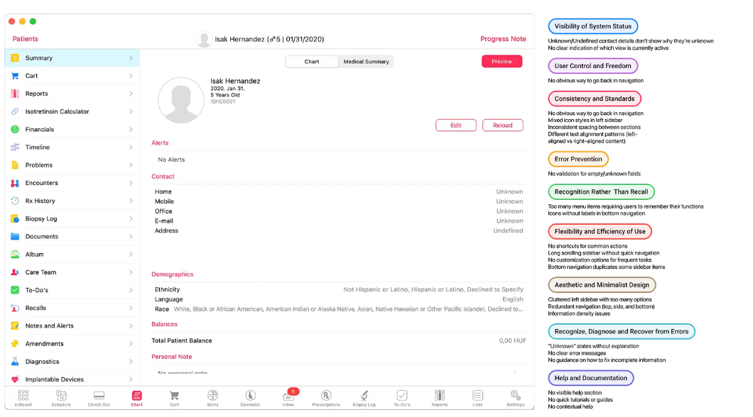 A screen showing patient information with notes on heuristics violations by a UX researcher