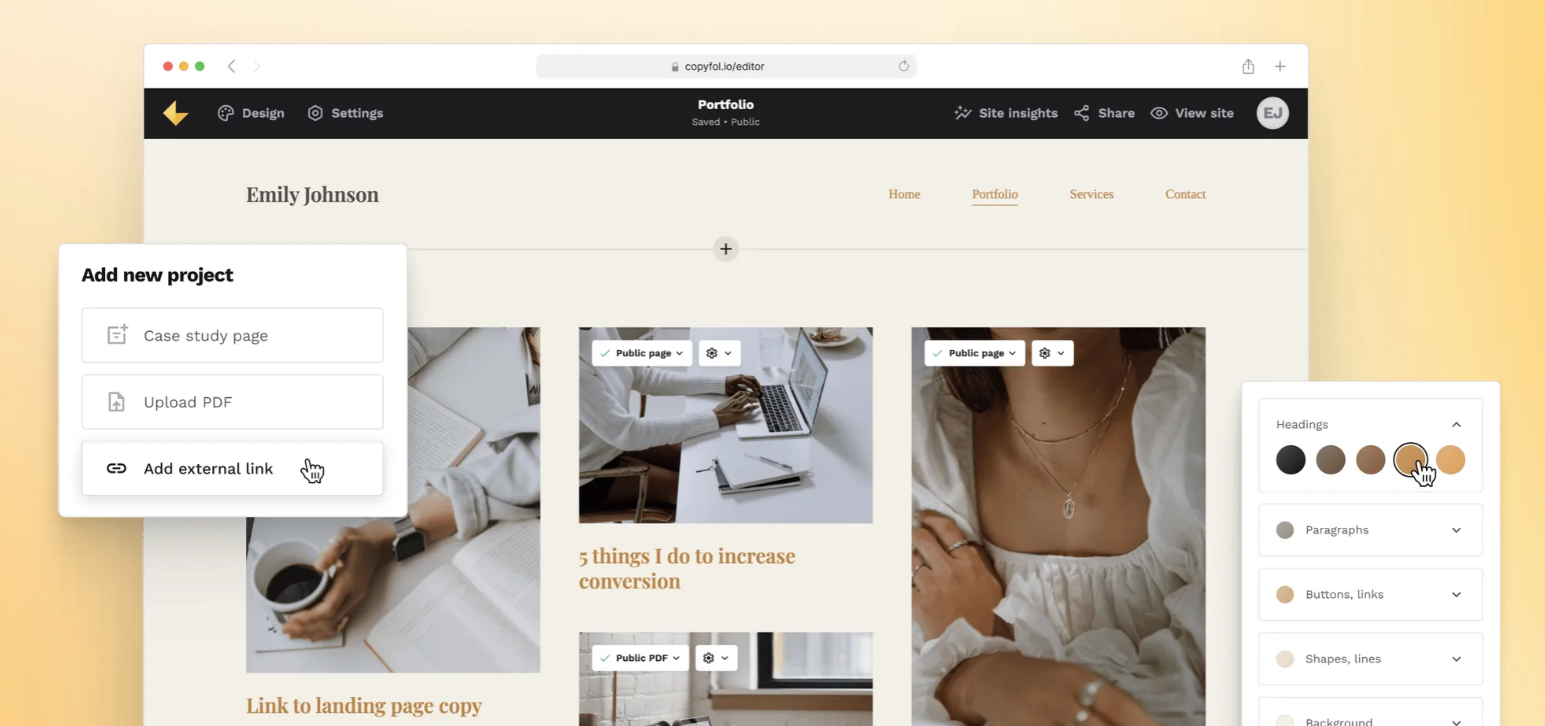 Moodboard showing various UI elements made for Copyfolio by UX studio
