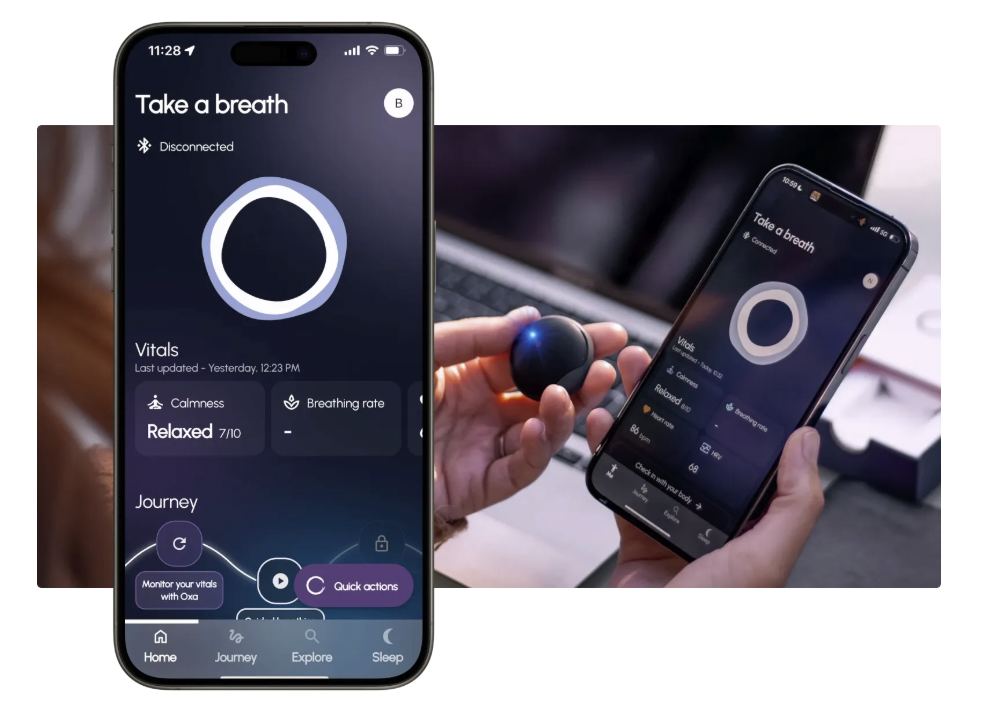 Mobile screen showing the award-winning design, which instructs the user to take a deep breath. An abstract pattern guides the depth.