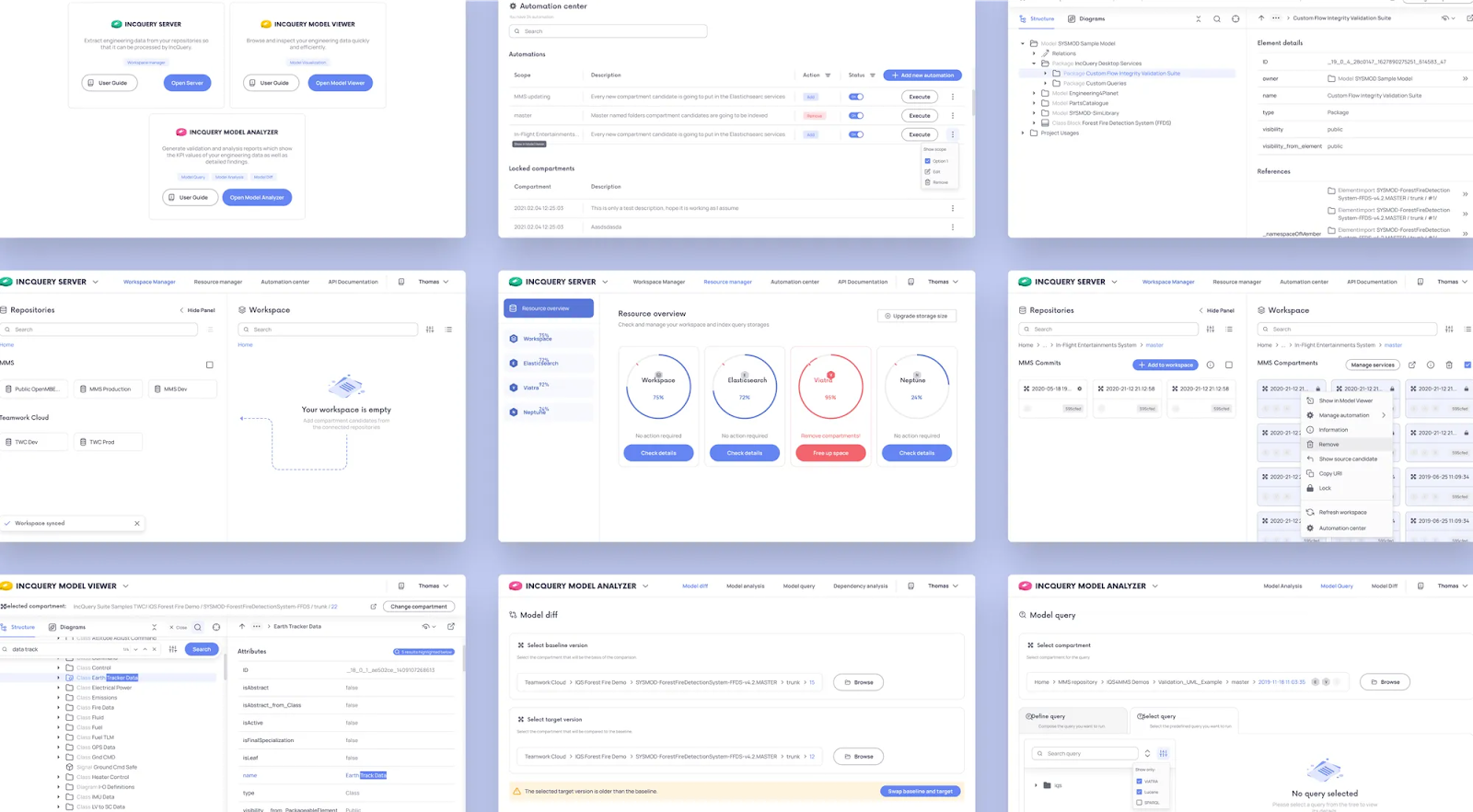 Various screens showing the simplified design of IncQuery products