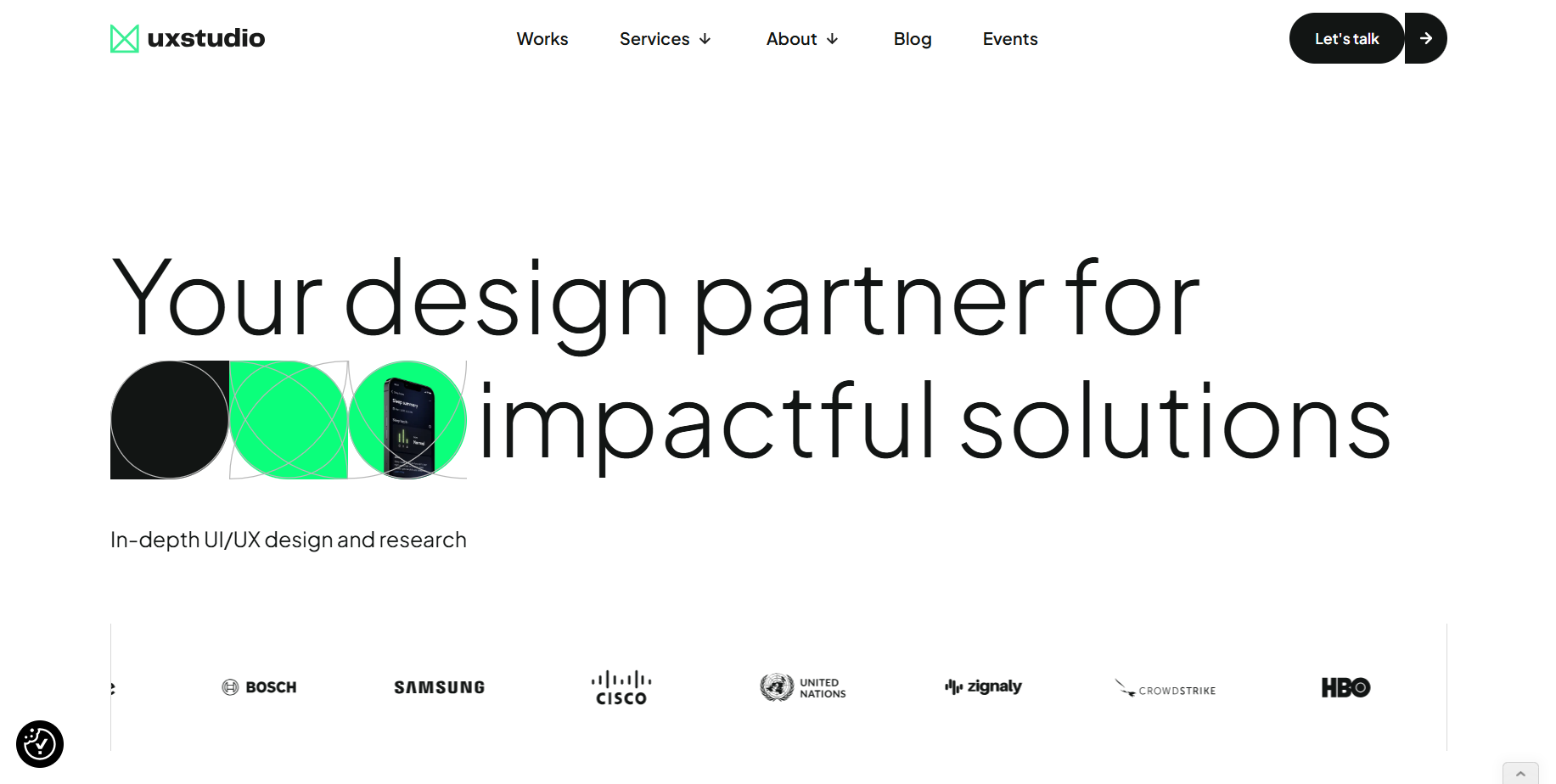 A screenshot of UX studio's clean and minimalist website