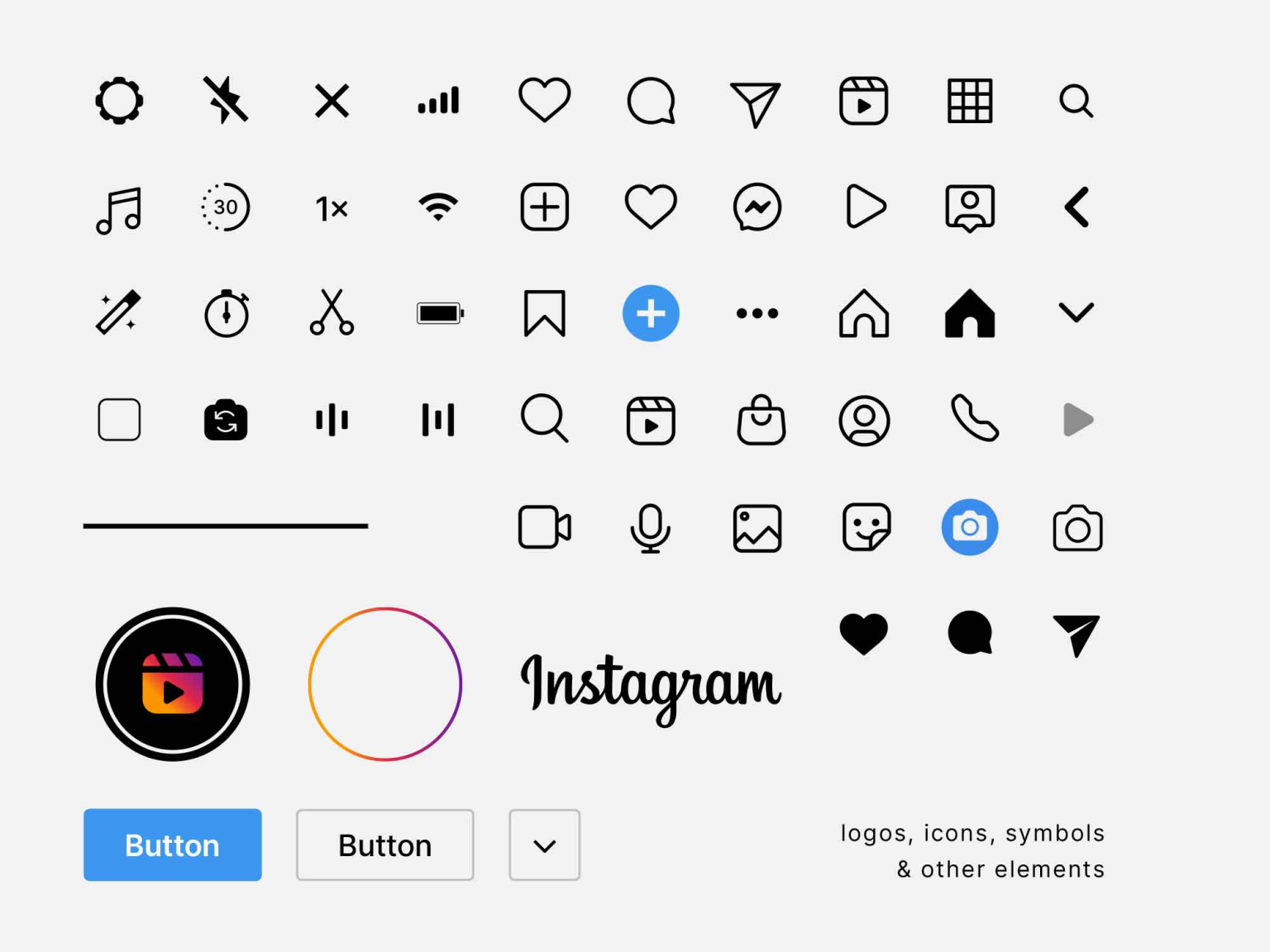 Instagram logos, symbols, UI icons and other elements. A heart means to favourite something, a speech bubble is for comments, an arrow lets you share content--and so on.