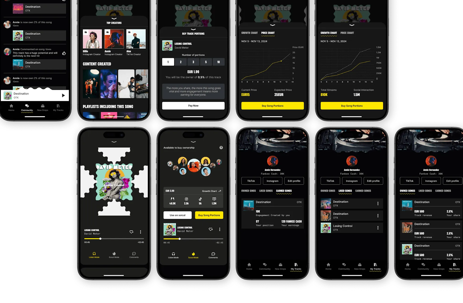 Several screens showing how design consistency works in Fankee's music app