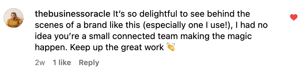 A comment on Copyfolio's Instagram reels from a user saying: "It's so delightful to see behind the scenes of a brand like this (especially one I use!), I had no idea you're a small connected team making the magic happen. Keep up the great work"