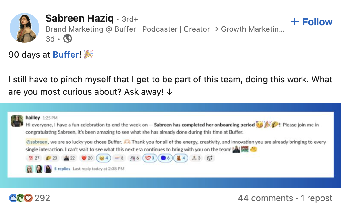 A screenshot of a Buffer employee's LinkedIn post about her completing her onboarding period, and all the other team members celebrating this milestone