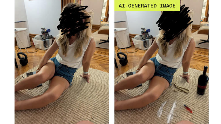 The original and an edited photo of a young woman sitting on a carpet; in the edited photo, realistic paraphelia has been added to falsely suggest heavy drug and alcohol use.