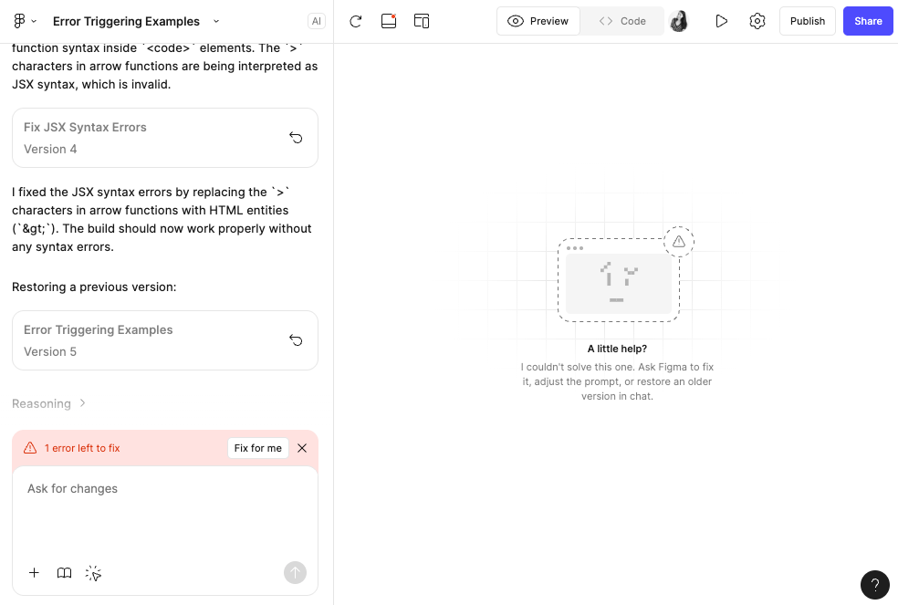 A screenshot of Figma Make in action, which gives a detailed description of the error and possible ways to fix them.