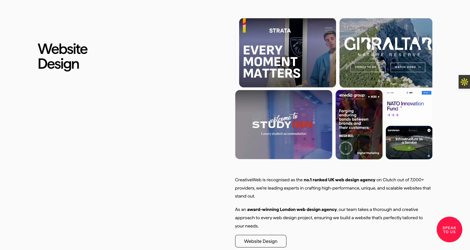 A screenshot of creative web design agency's portfolio of websites