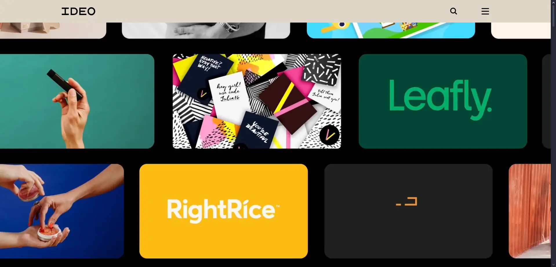 A screenshot of Ideo's website, who use a video header to display their portfolio, including projects like Leafly and RightRice