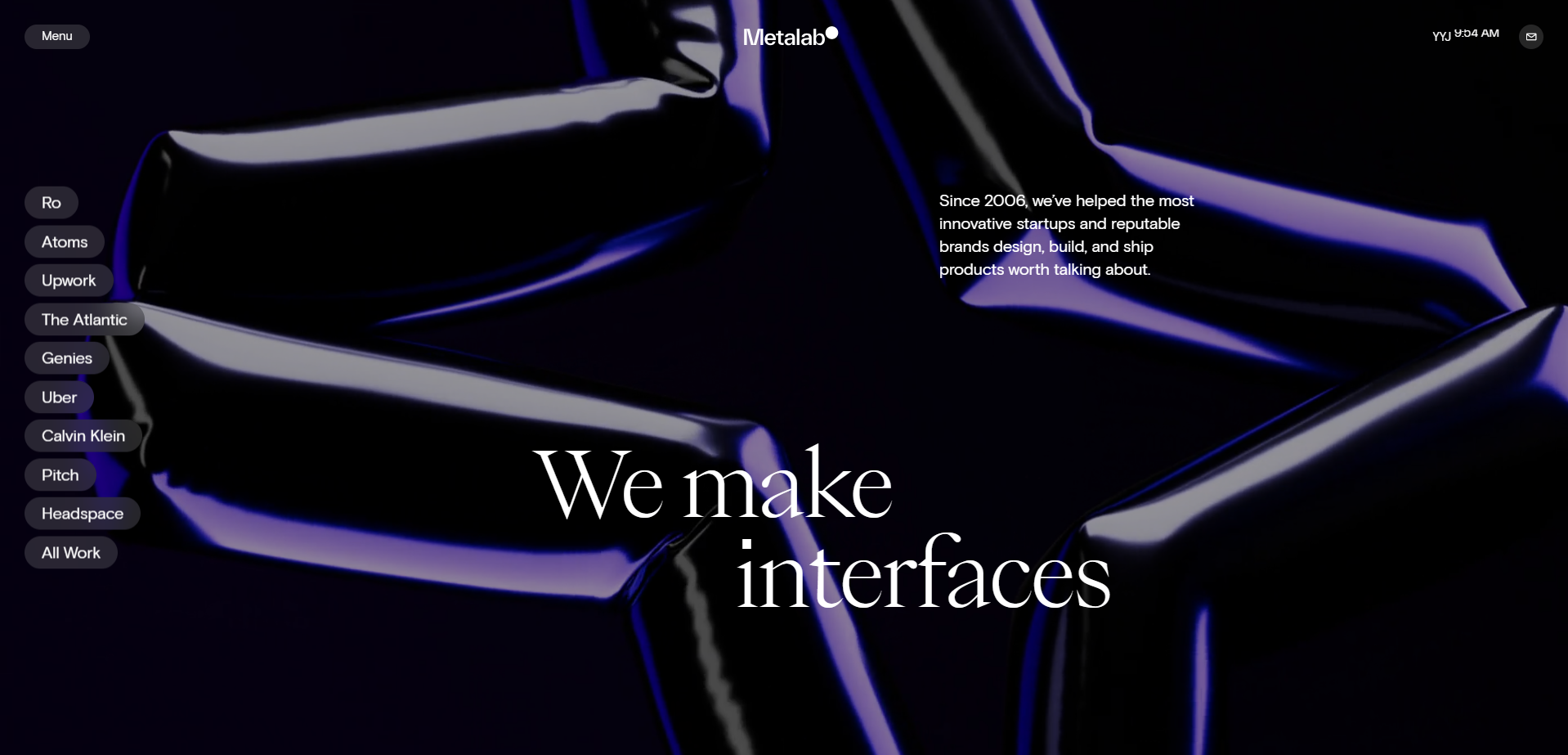 Metalab's futuristic website is dominated by an abstract star shape, showcasing their expertise with motion graphics and interface design.
