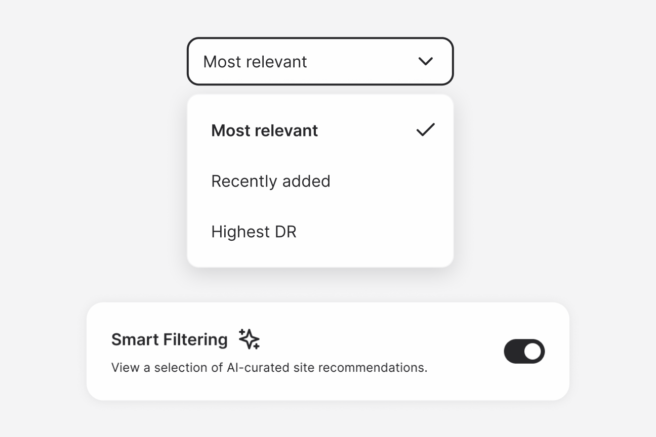 Screenshot of Ranking Raccoon's "Most relevant" sort option dropdown menu and "Smart Filtering" toggle.