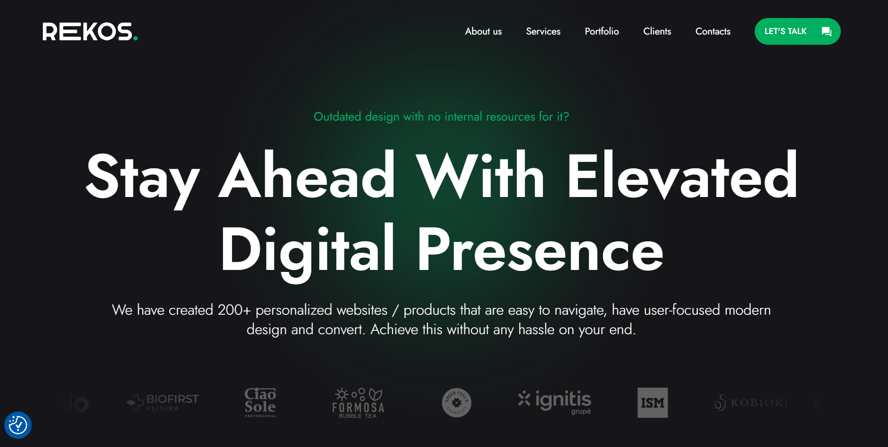 Rekos's main tagline is "stay ahead with elevated digital presence"