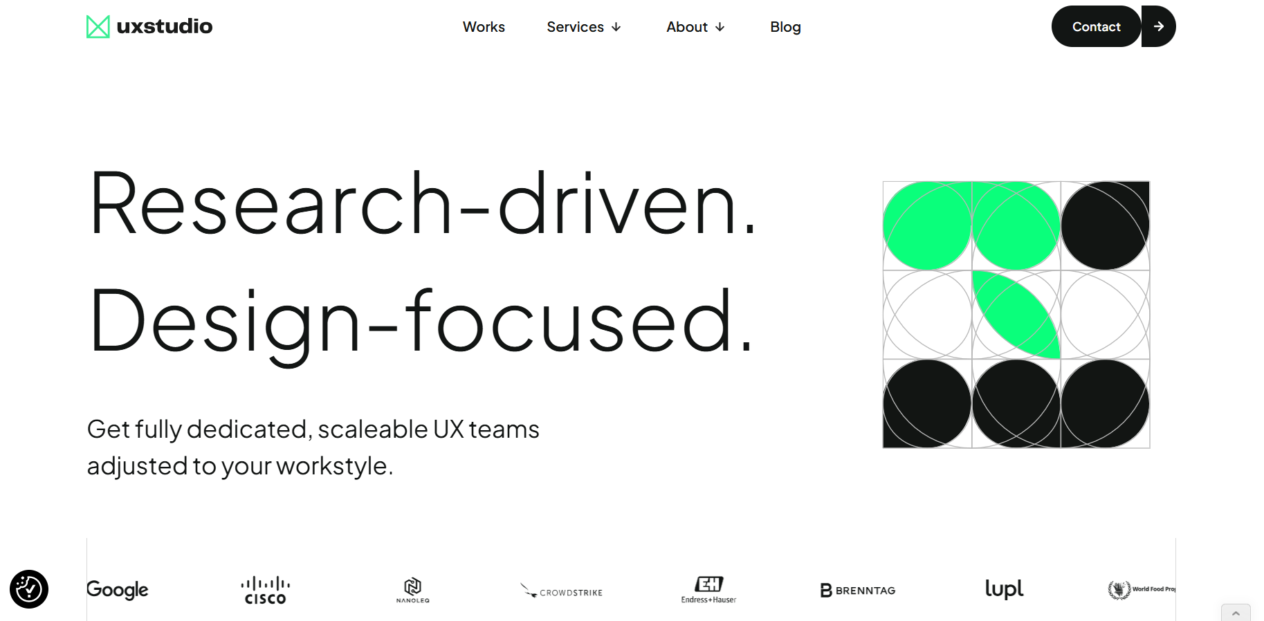 UX studio's website positions them as research-driven and design focused, with fully dedicated, scaleable UX teams for hire