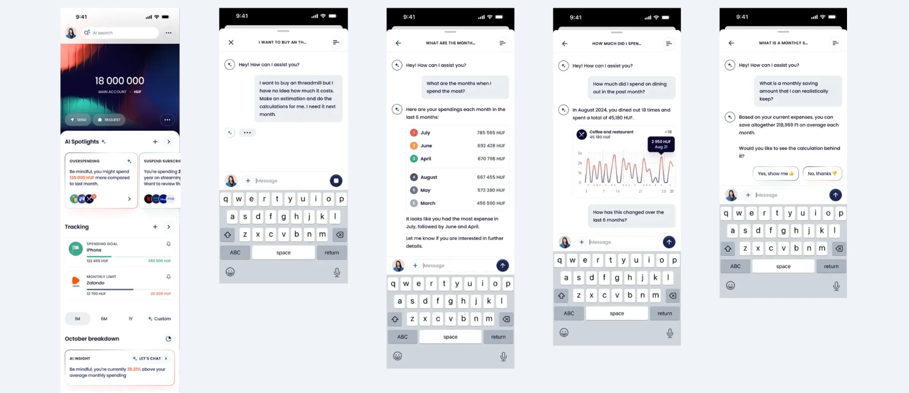 Screens of Finshape's AI agent making charts and personalized recommendations