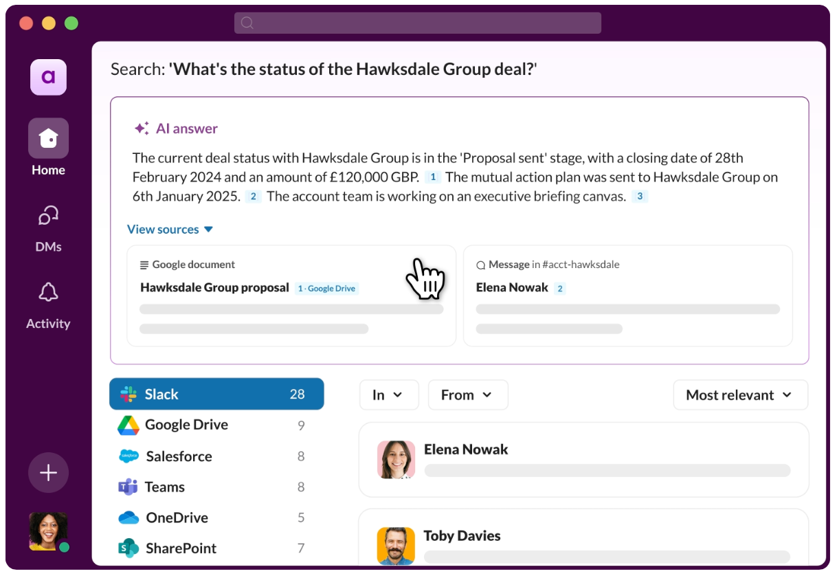 Screenshot of an AI-powered workplace search interface displaying a query about the status of the Hawksdale Group deal. The AI answer summarizes deal details such as stage, closing date, and amount, with inline references linking to sources in Google Drive and Slack. Below, integrated sources like Slack, Google Drive, Salesforce, Teams, OneDrive, and SharePoint appear in a sidebar. The interface illustrates how AI consolidates and explains data from multiple tools in a clear, contextual UX layout.